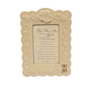 Vtg '97 Dicksons 50th Anniversary Photo Framed Poem God Bless You Ivory & Gold